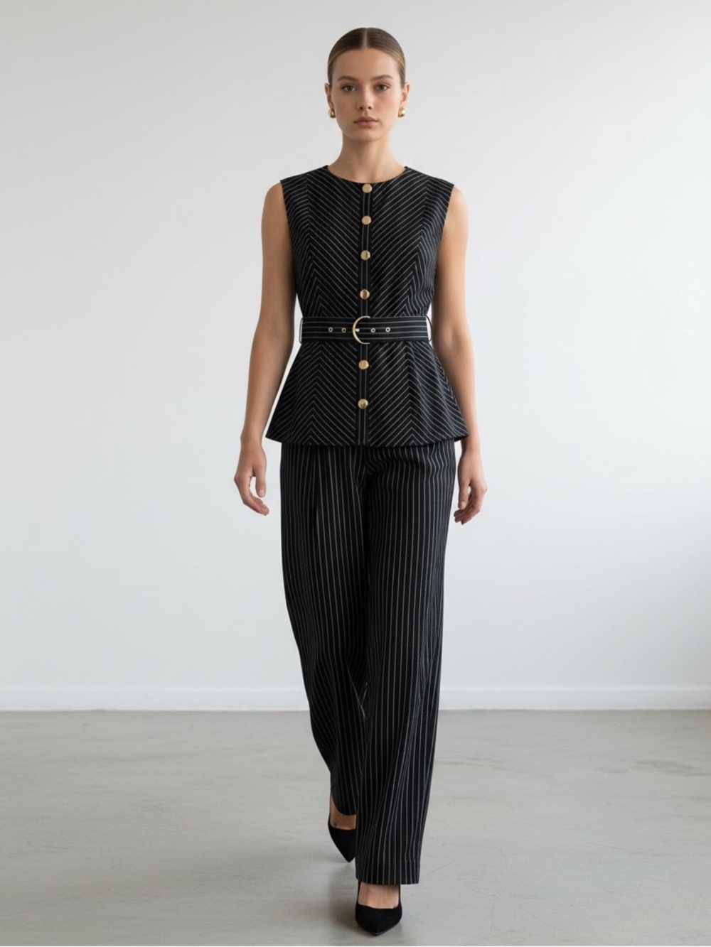 1483 • Black Pinstripe Gold Button Two Piece Pant Set